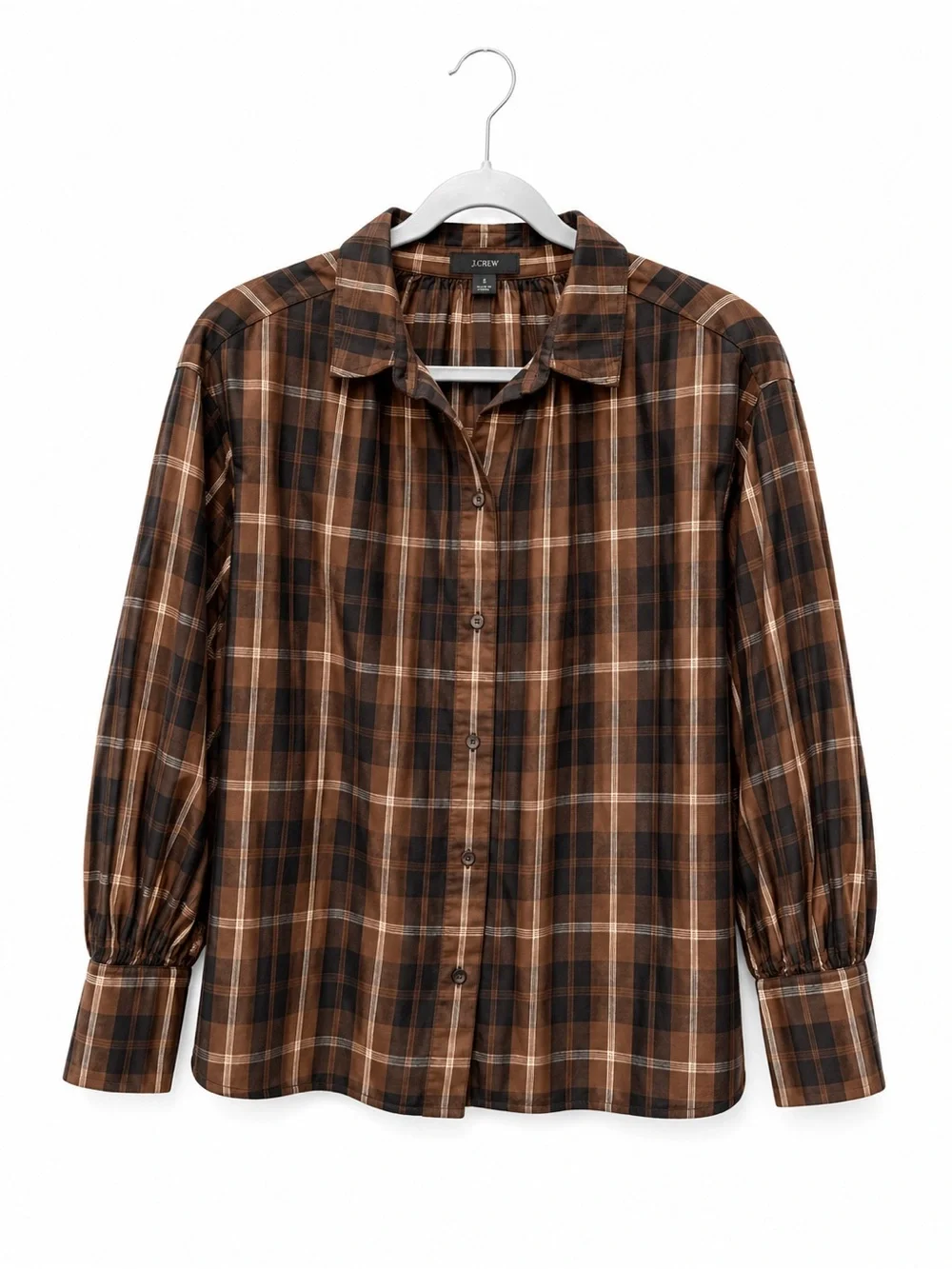 J Crew Blouse Gathered Button-up Shirt In Featherweight Plaid Brown White preppy
